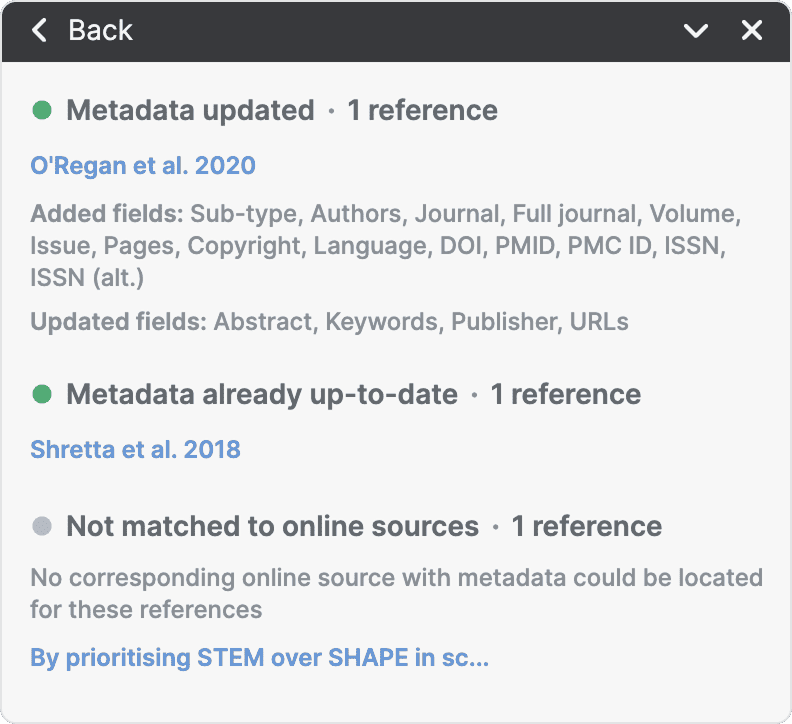 The expanded update report listing one reference with metadata updated and the fields added and changed, one already up to date, and one not matched to online sources, each linking to the reference.